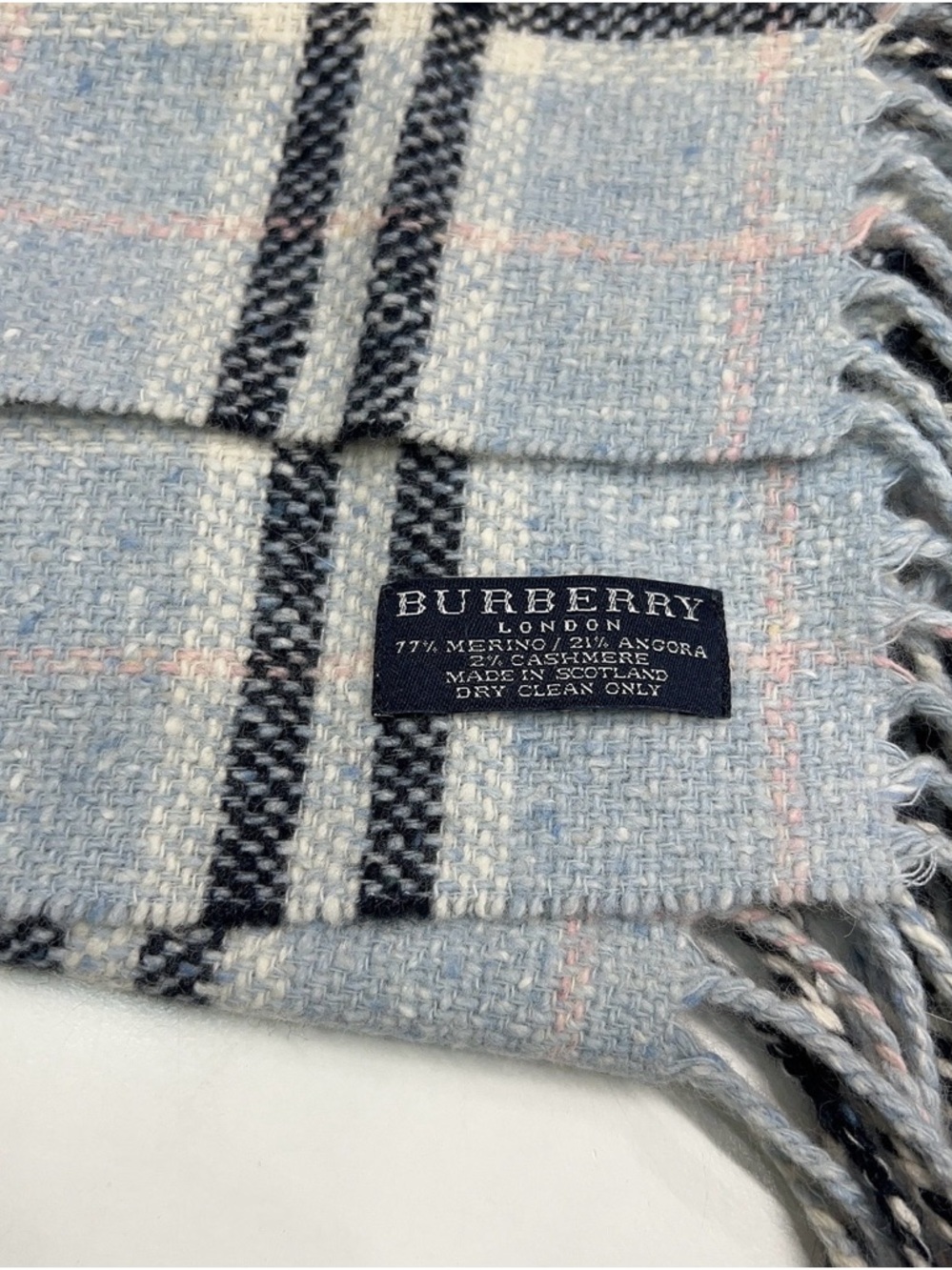 Burberry Merino Angora Cashmere Scarf Blue Grey Novacheck Check Plaid Fringe - Picture 2 of 8